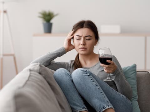 Frau sitzt mit einem Glas Wein in der Hand auf dem Sofa und fühlt sich unwohl Frau sitzt mit einem Glas Wein in der Hand auf dem Sofa und fühlt sich unwohl